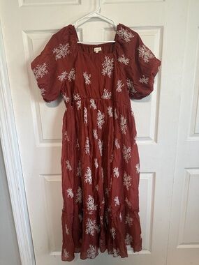 Roolee Rust Red Embroidered Tiered Maxi Dress